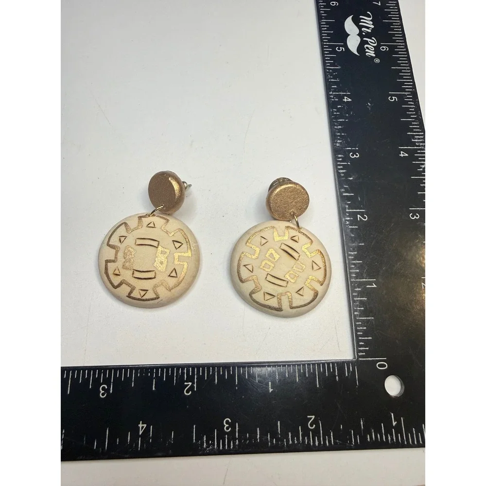 Handmade Wooden Geometric Drop Earrings Gold Cream Tribal Statement Boho Post
